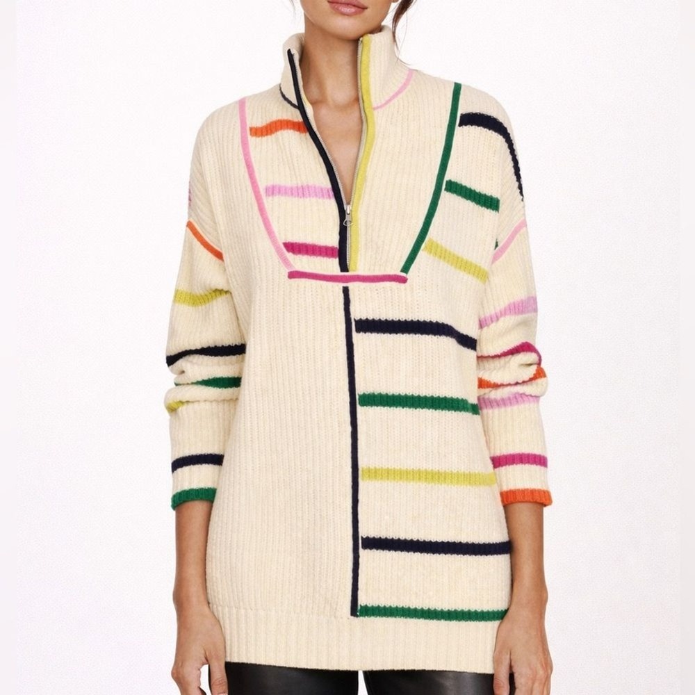 Staud‎ Hampton Zip Sweater Size XS Cream Multicolor Striped Chunky Knit Preppy